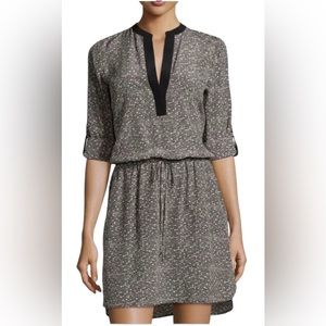 Vince. Silk Geometric Print w Contrast Long Sleeve Mini Dress Drawstring Waist